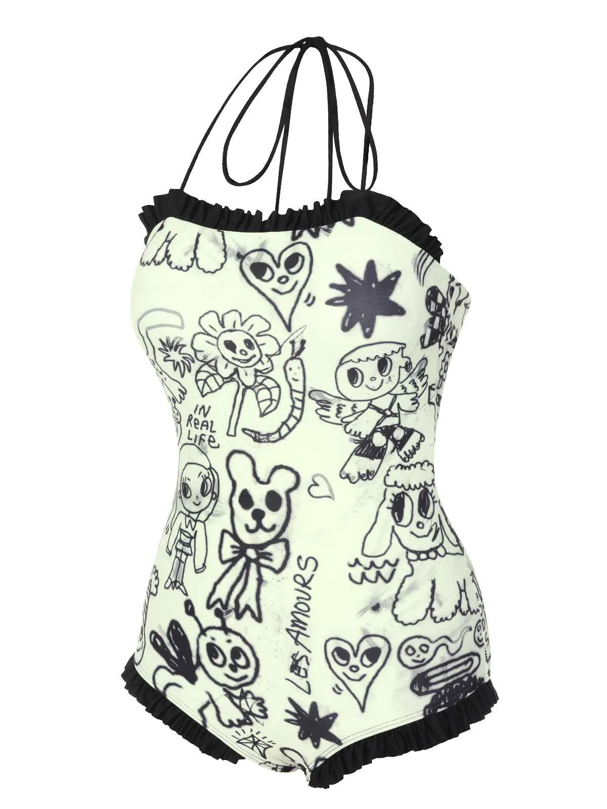 1960s Halter Printed Ruffles One-Piece Swimsuit