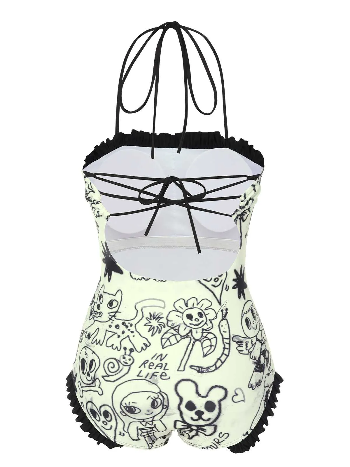 1960s Halter Printed Ruffles One-Piece Swimsuit