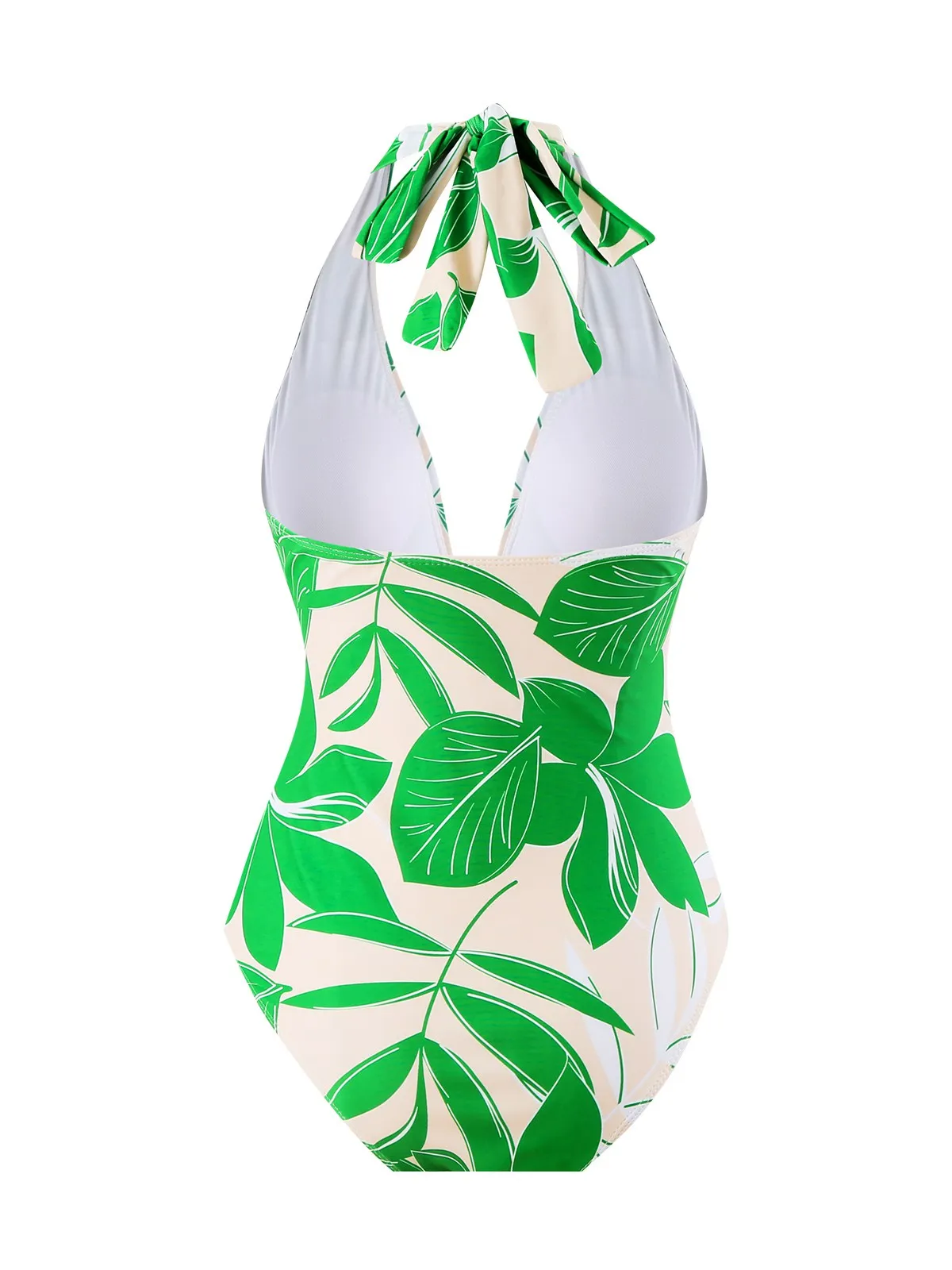 2PCS Green 1960s Plant Prints Halter Swimsuit & Long Cover-Up
