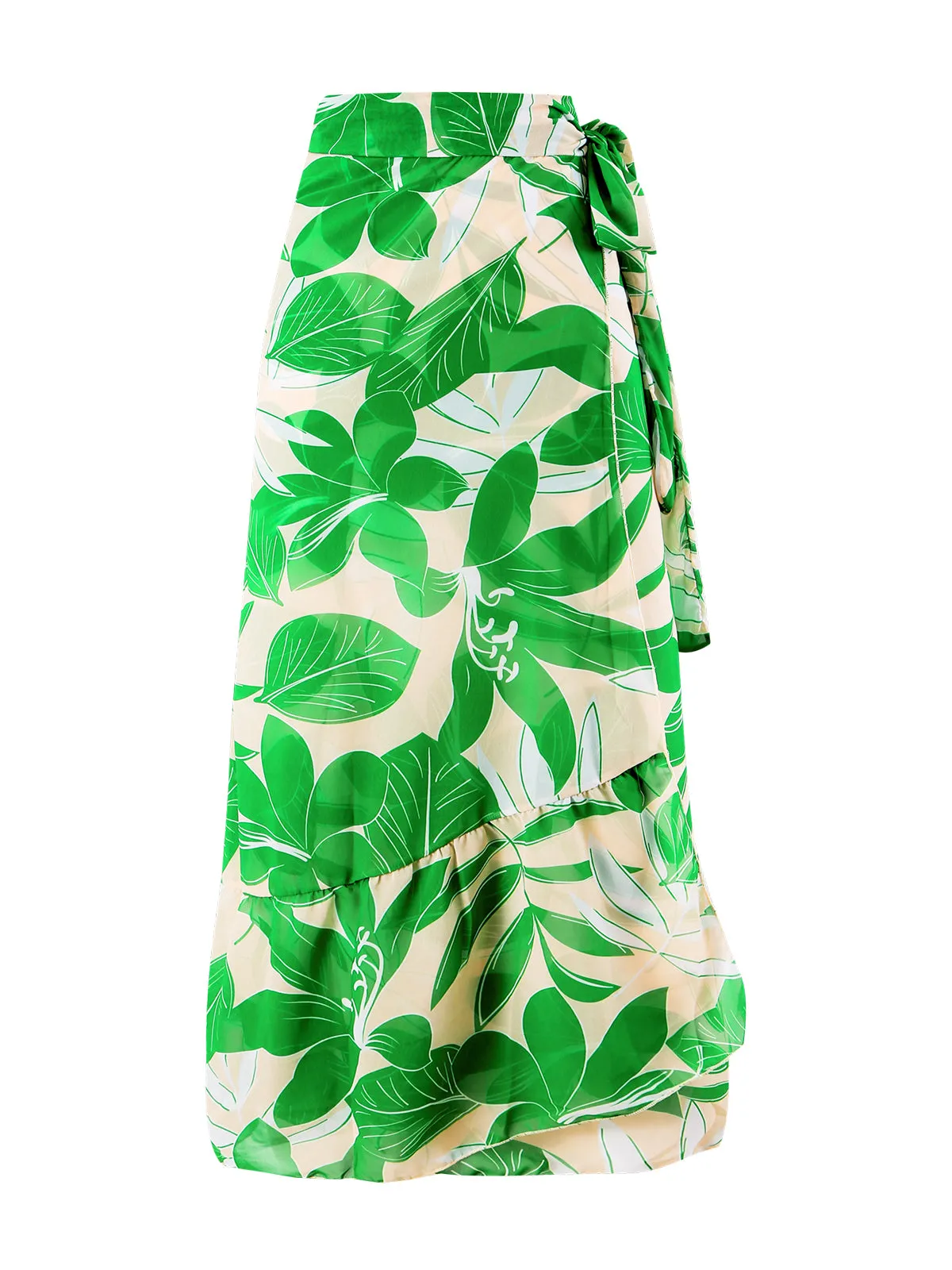 2PCS Green 1960s Plant Prints Halter Swimsuit & Long Cover-Up