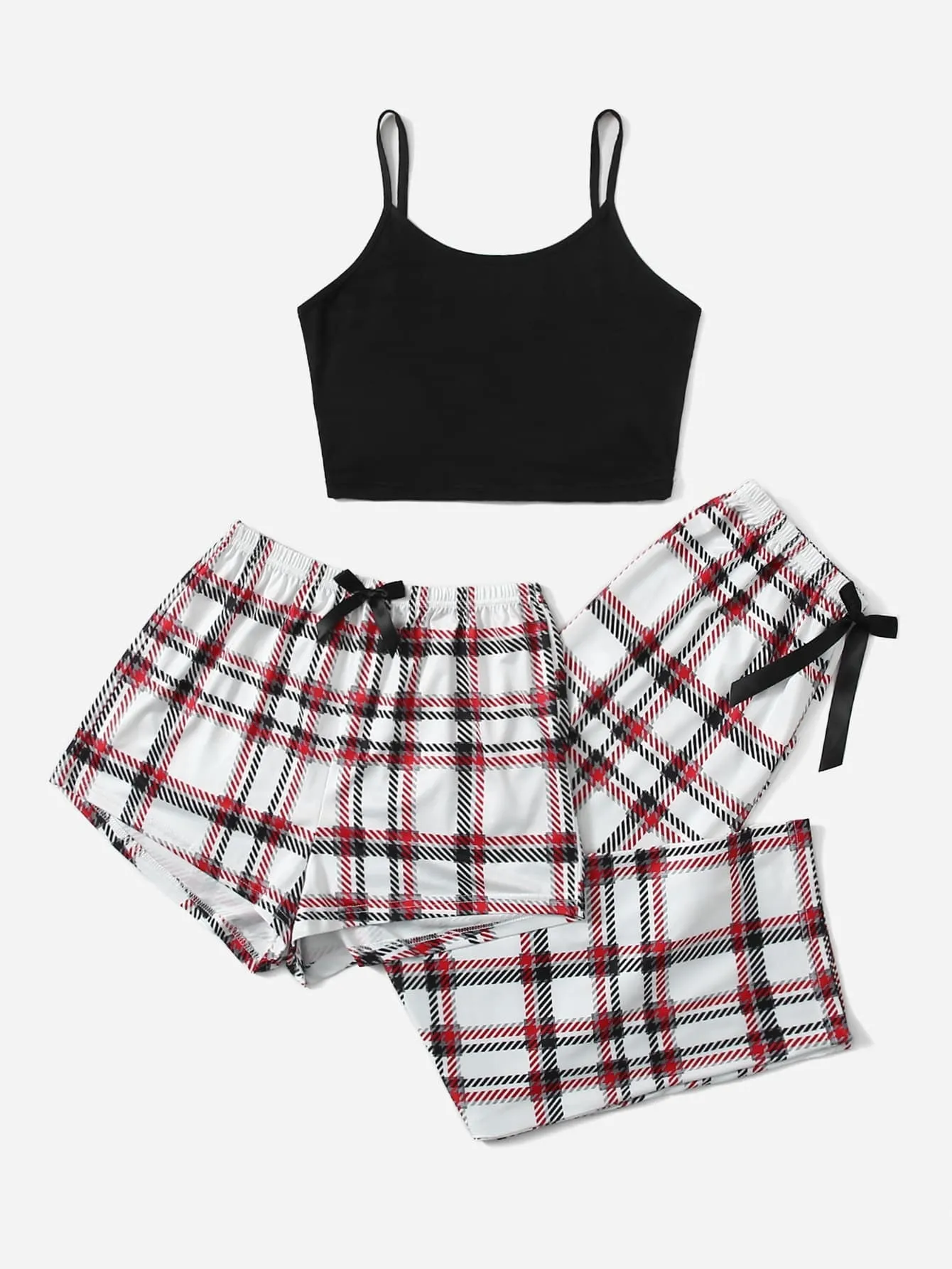 3Pcs Plaid Bow Front Pajama Set