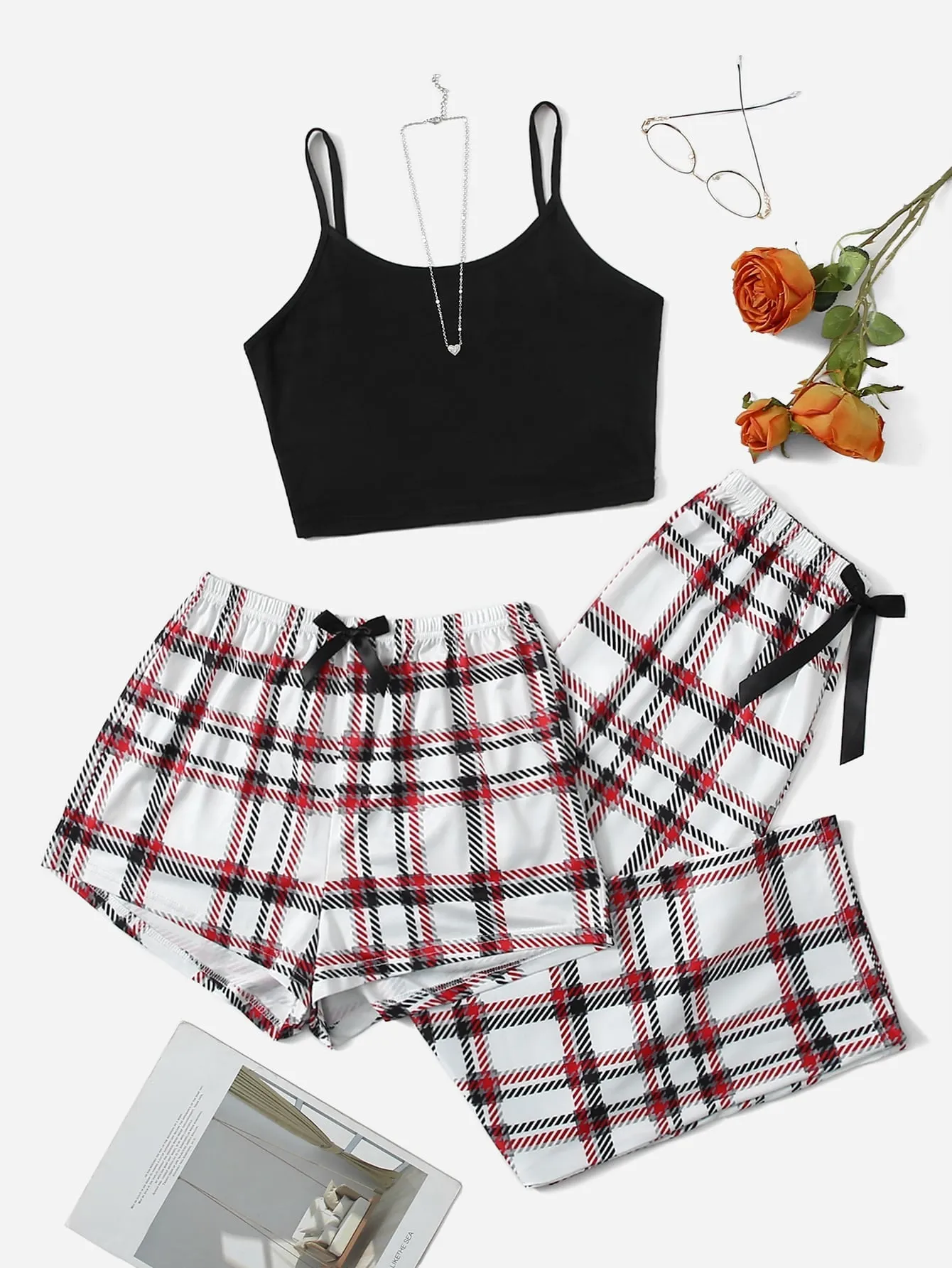 3Pcs Plaid Bow Front Pajama Set