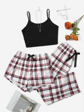 3Pcs Plaid Bow Front Pajama Set