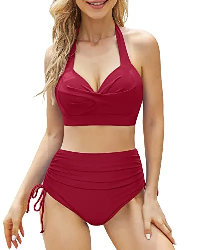 Adjustable Self Tie Halter Tummy Control Bikini Set For Women-Red