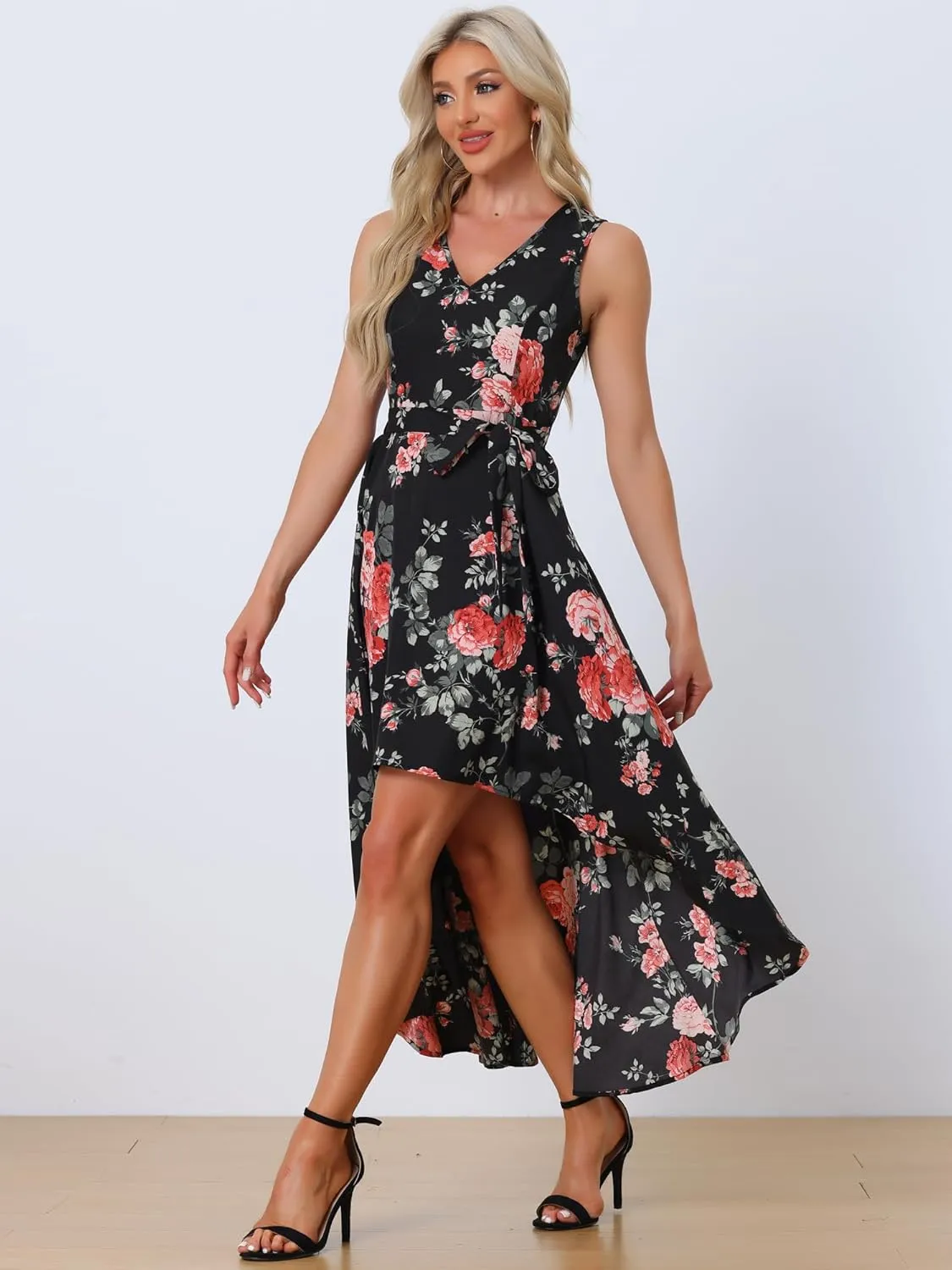 Allegra K Summer Dress for Women's Boho V Neck Sleeveless Floral High Low Long Maxi Dress