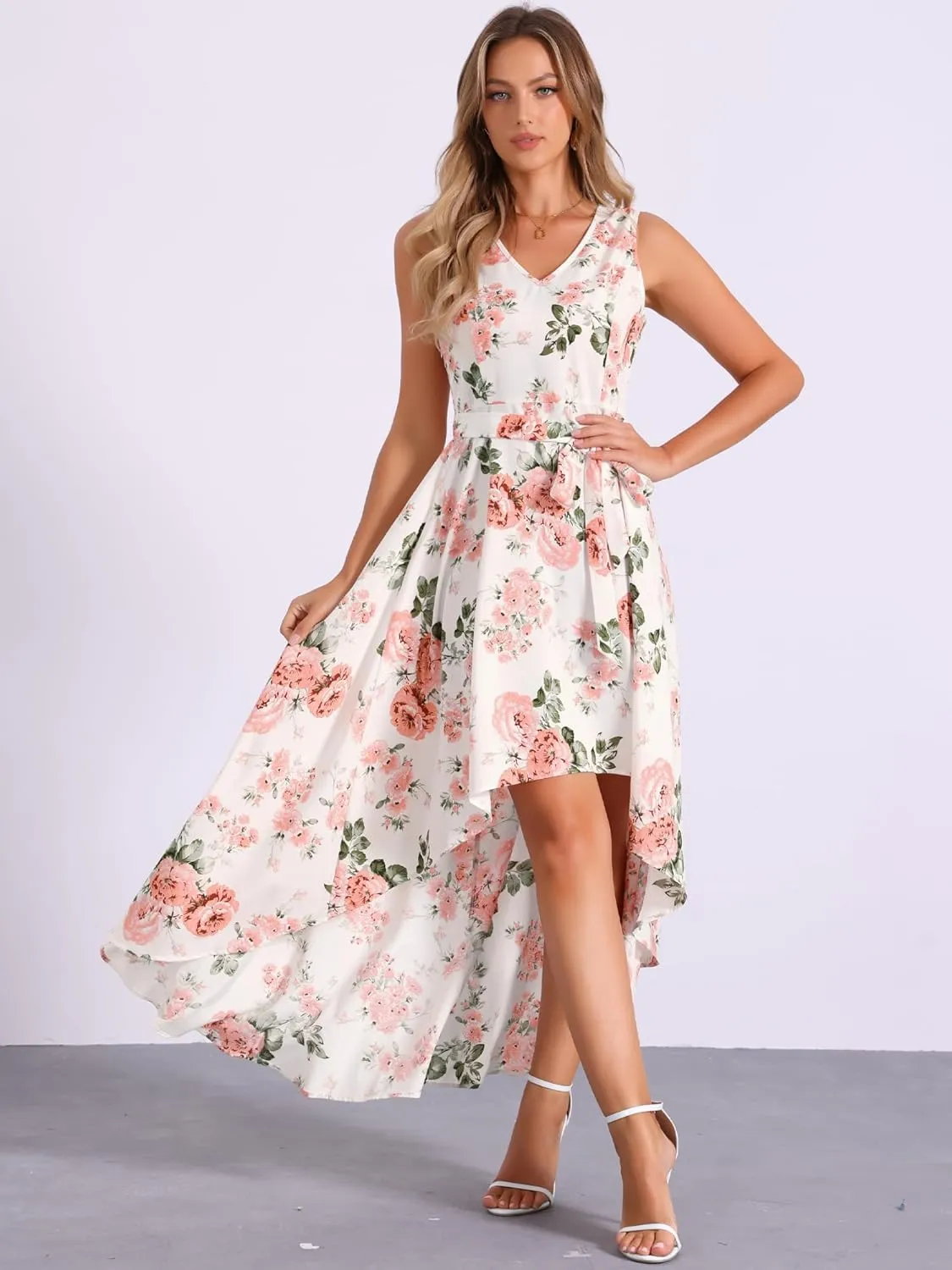 Allegra K Summer Dress for Women's Boho V Neck Sleeveless Floral High Low Long Maxi Dress