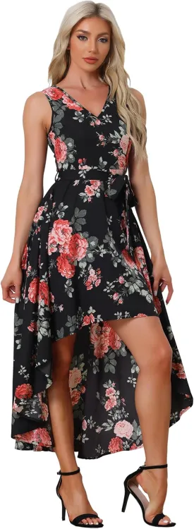 Allegra K Summer Dress for Women's Boho V Neck Sleeveless Floral High Low Long Maxi Dress