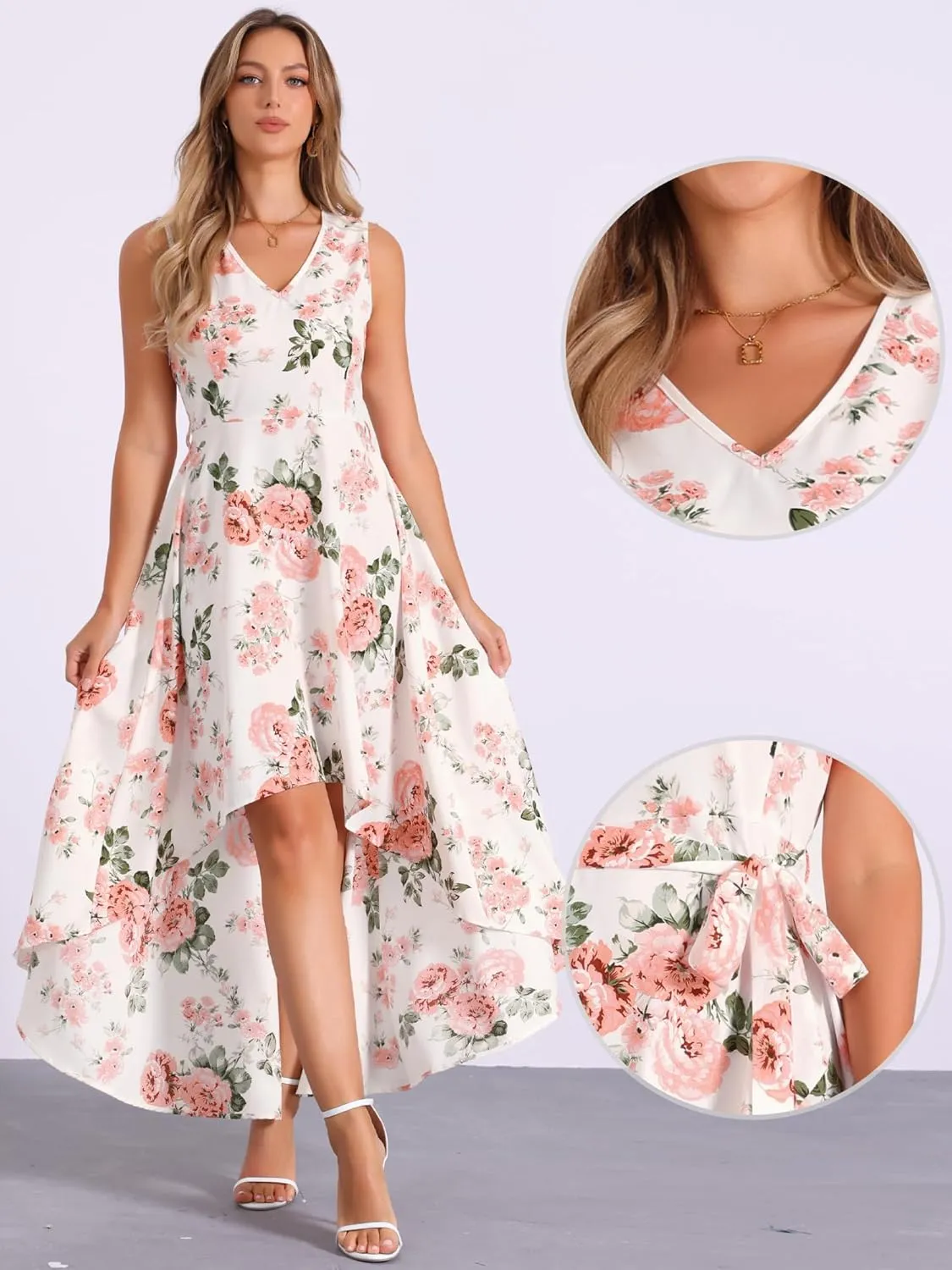 Allegra K Summer Dress for Women's Boho V Neck Sleeveless Floral High Low Long Maxi Dress