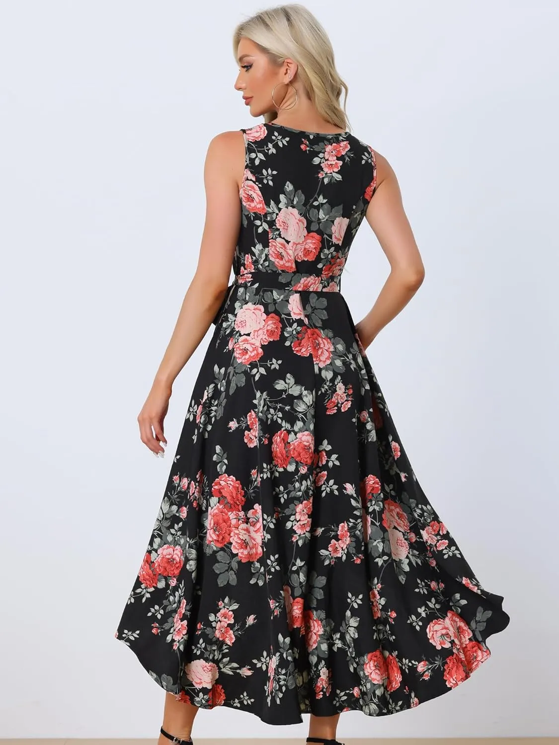Allegra K Summer Dress for Women's Boho V Neck Sleeveless Floral High Low Long Maxi Dress