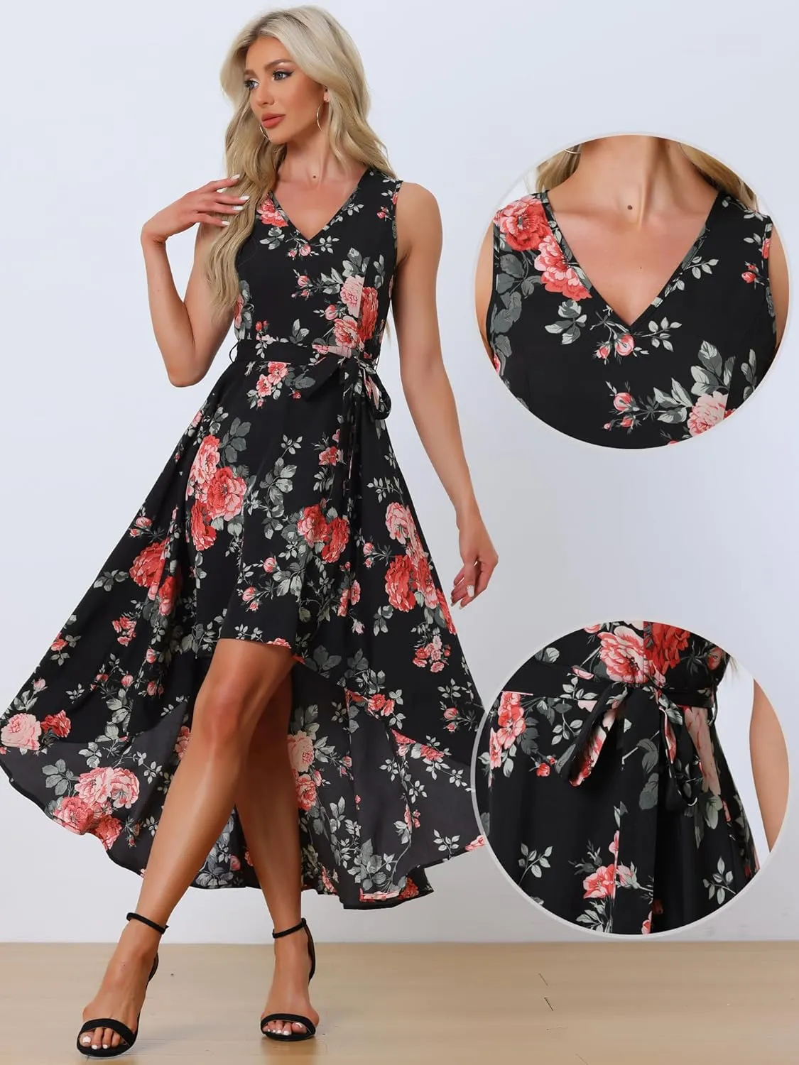 Allegra K Summer Dress for Women's Boho V Neck Sleeveless Floral High Low Long Maxi Dress