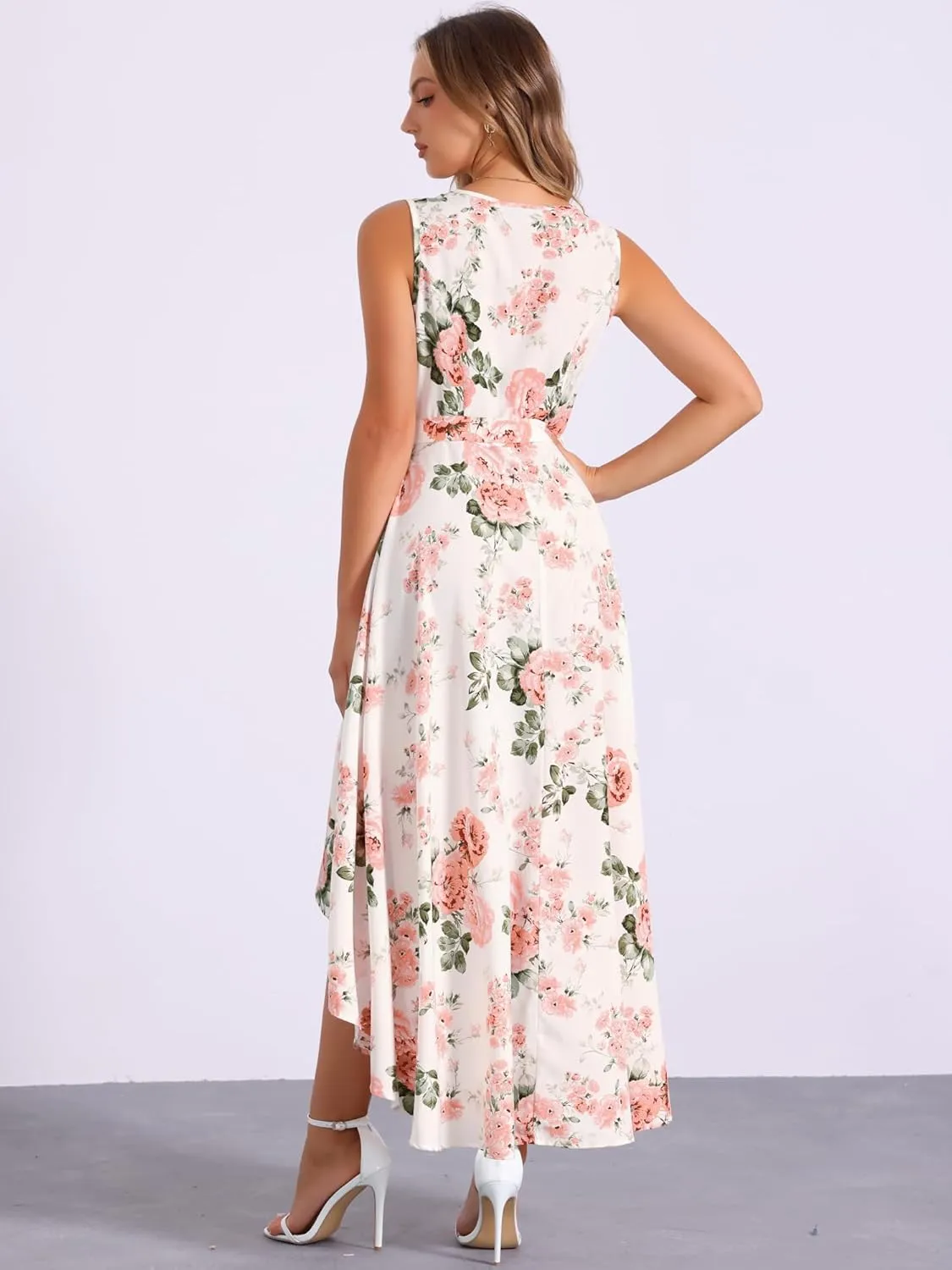 Allegra K Summer Dress for Women's Boho V Neck Sleeveless Floral High Low Long Maxi Dress