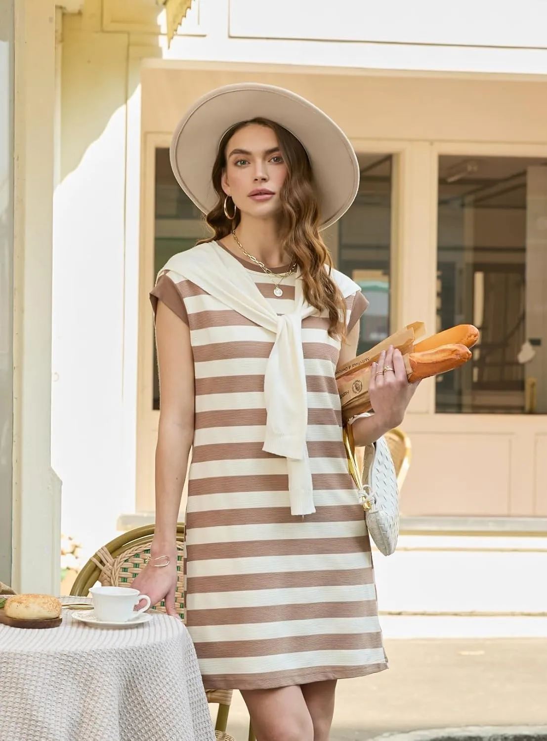 AlvaQ Womens Striped Summer Dresses 2025 Crewneck Cap Sleeve Color Block Casual A Line Tshirt Dress with Pockets