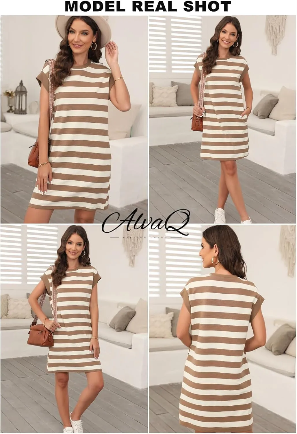 AlvaQ Womens Striped Summer Dresses 2025 Crewneck Cap Sleeve Color Block Casual A Line Tshirt Dress with Pockets