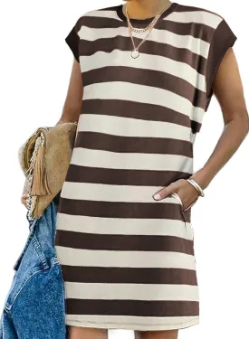 AlvaQ Womens Striped Summer Dresses 2025 Crewneck Cap Sleeve Color Block Casual A Line Tshirt Dress with Pockets
