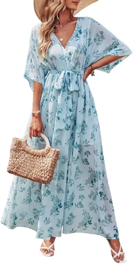 ANRABESS Womens Summer Loose Boho Flowy Wrap V Neck 3/4 Sleeve Floral Print Slit Beach Wedding Guest Long Maxi Dresses