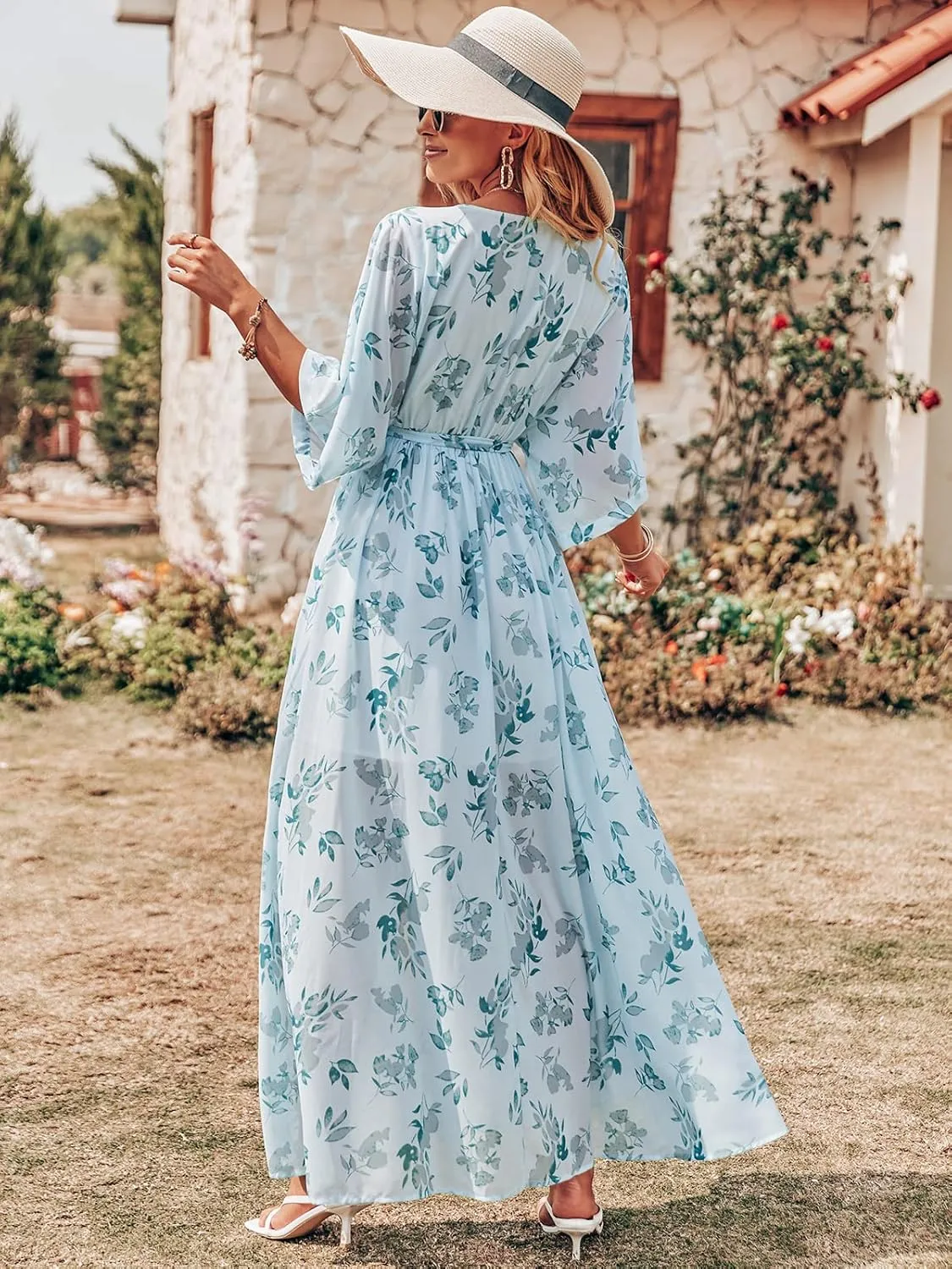 ANRABESS Womens Summer Loose Boho Flowy Wrap V Neck 3/4 Sleeve Floral Print Slit Beach Wedding Guest Long Maxi Dresses
