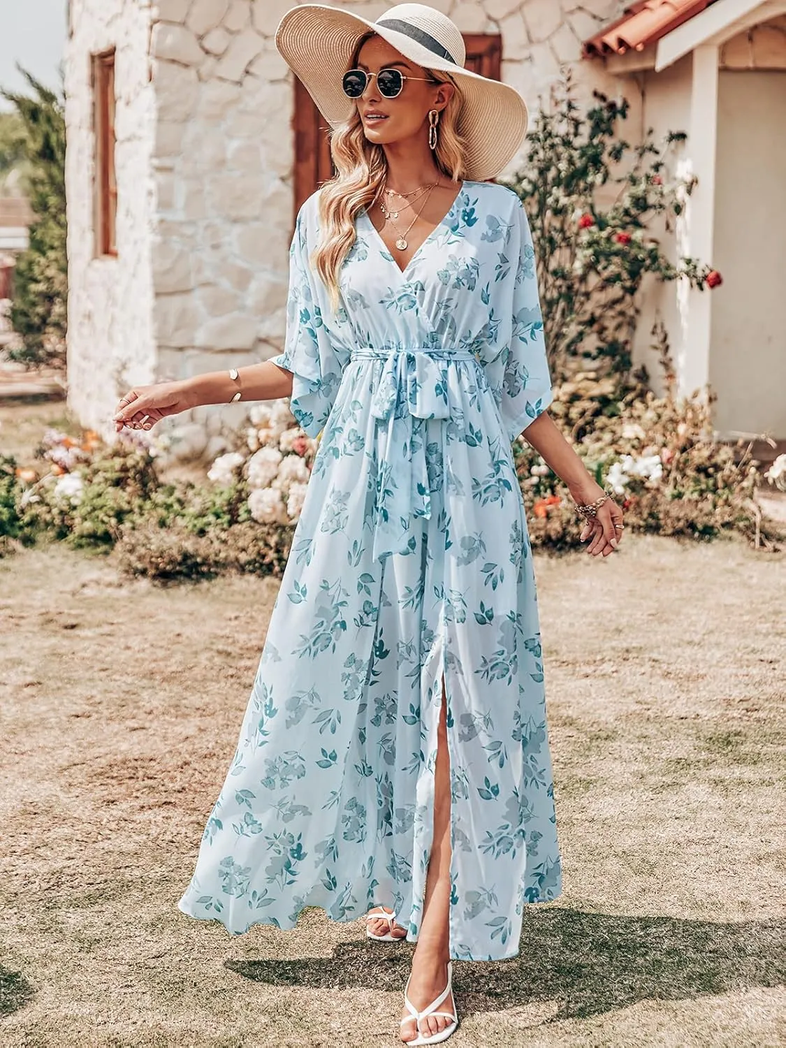 ANRABESS Womens Summer Loose Boho Flowy Wrap V Neck 3/4 Sleeve Floral Print Slit Beach Wedding Guest Long Maxi Dresses