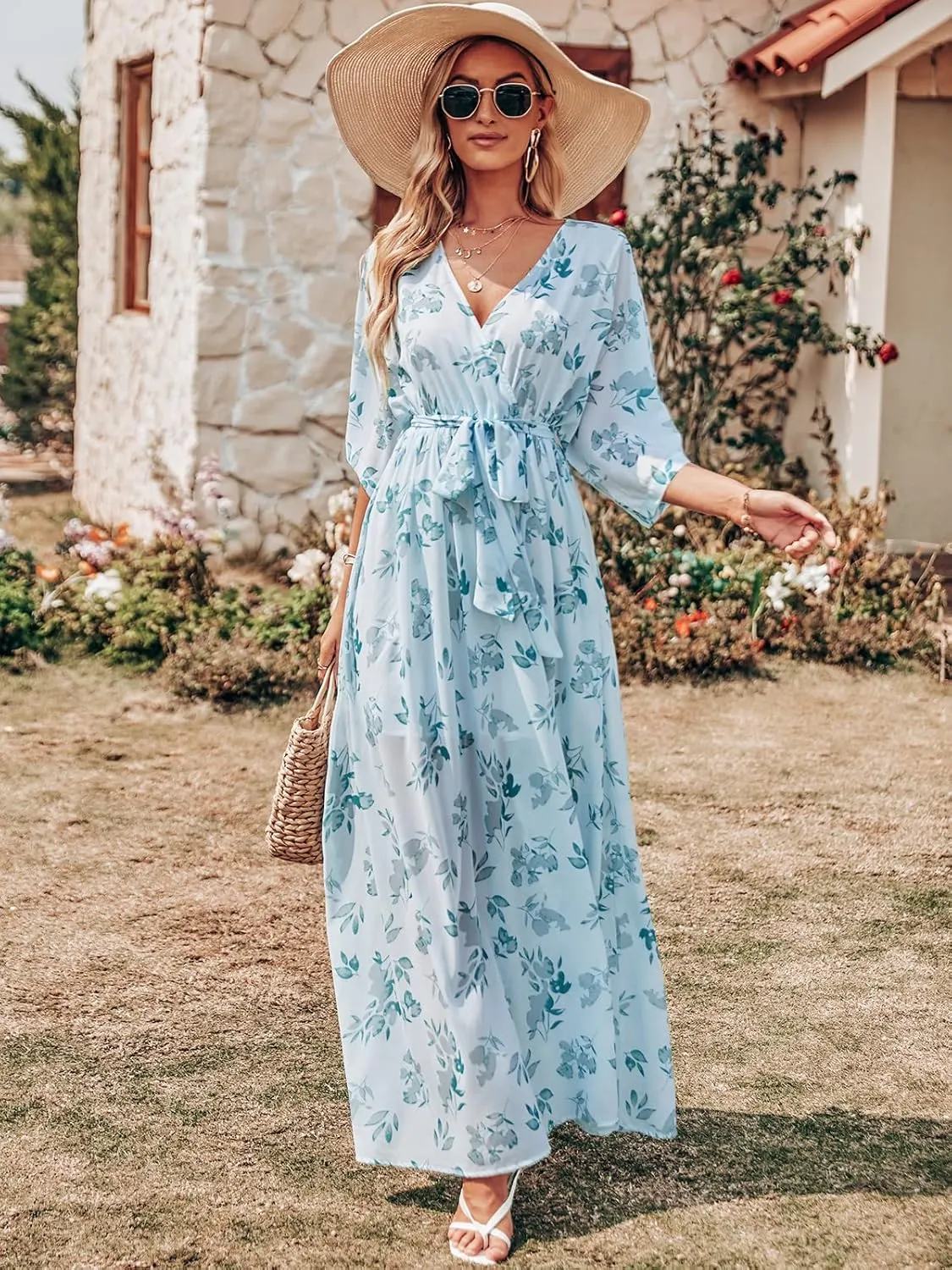 ANRABESS Womens Summer Loose Boho Flowy Wrap V Neck 3/4 Sleeve Floral Print Slit Beach Wedding Guest Long Maxi Dresses