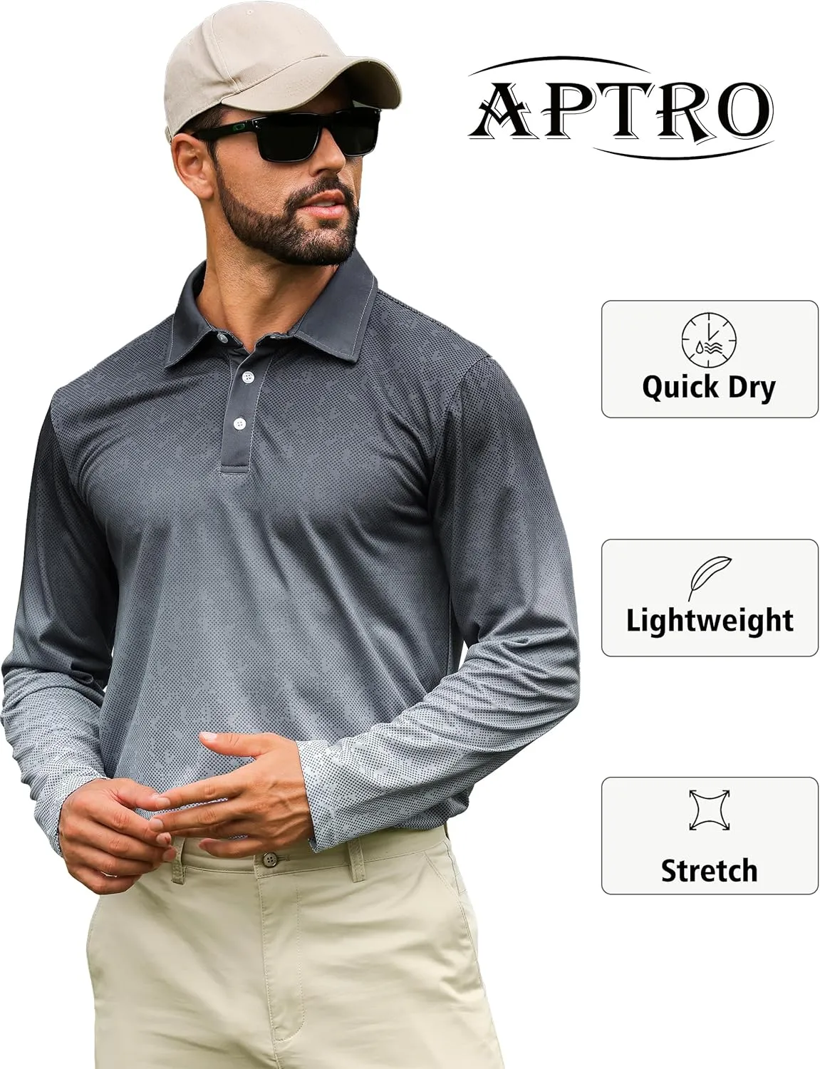 APTRO Long Sleeve Polo Shirts for Men Performance Golf Shirt Dry Fit Moisture Wicking Fashion Print T-Shirt