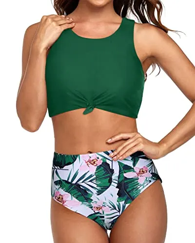 Athletic Scoop Neck Bikini Set High Waisted Bottom-Green Tropical Floral