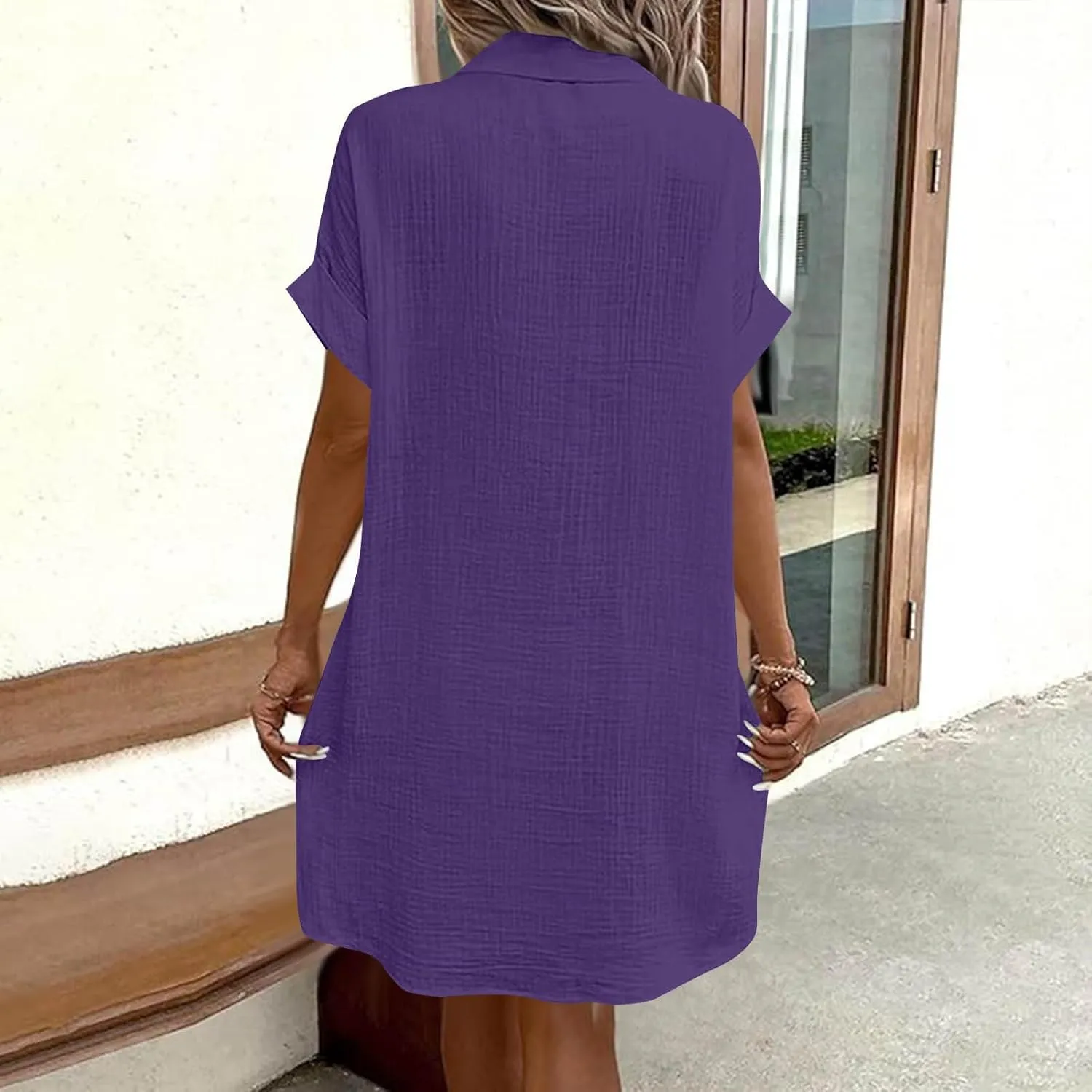 Button Down Dress for Women Summer Short Sleeve Tshirt Dresses Casual Flowy V Neck Loose Midi Beach Dress