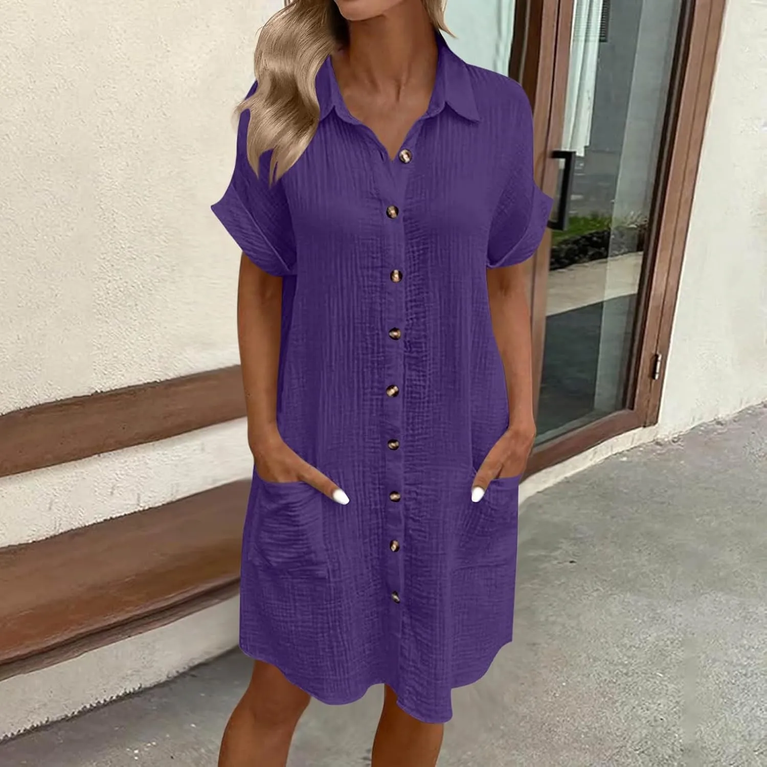 Button Down Dress for Women Summer Short Sleeve Tshirt Dresses Casual Flowy V Neck Loose Midi Beach Dress