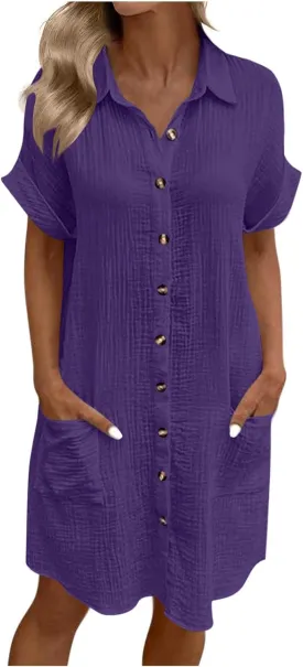 Button Down Dress for Women Summer Short Sleeve Tshirt Dresses Casual Flowy V Neck Loose Midi Beach Dress