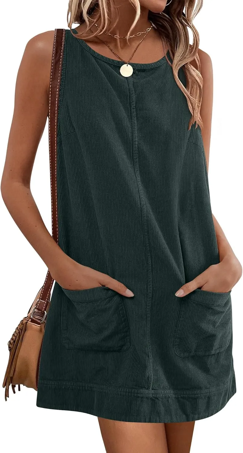 Caracilia Women Corduroy Overall Dress Casual Sleeveless Romper Jumper Mini Dresses Pinafore Skirtall 2025 Trendy Outfits