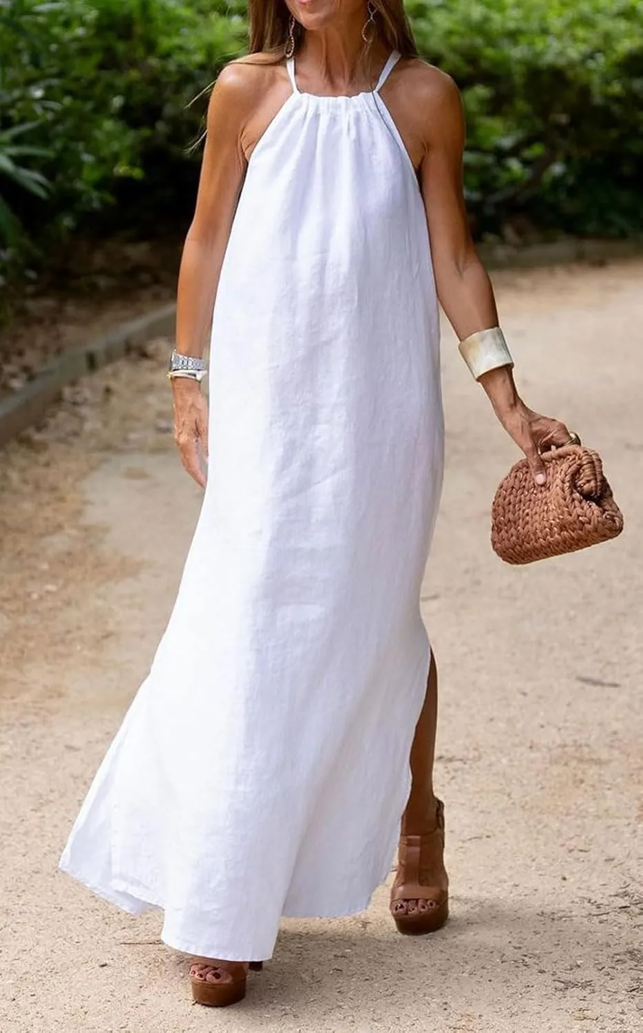 CHARTOU Women Halter Neck Side Slit Linen Maxi Dress Long Summer Beach Vacation Dress