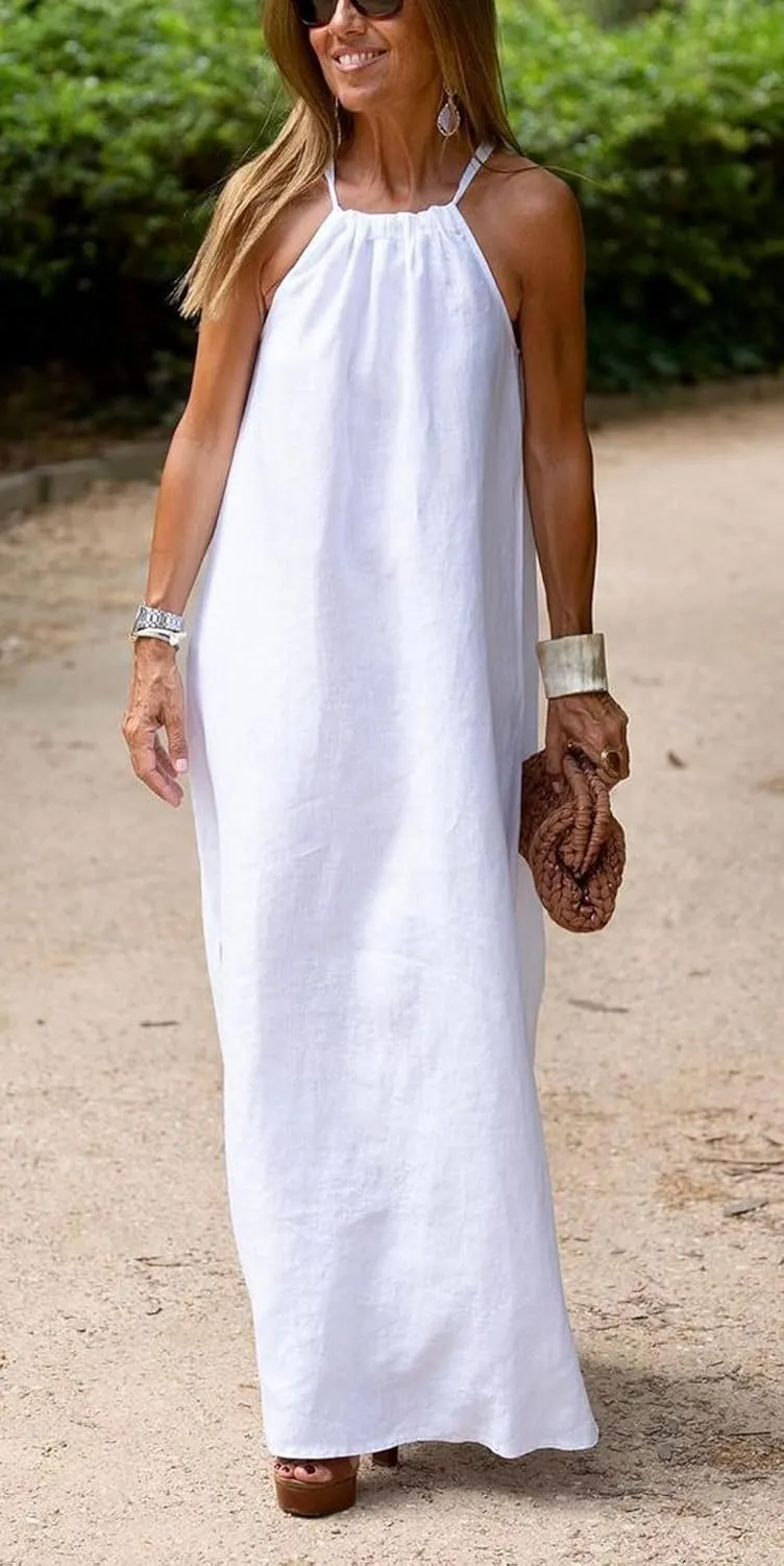 CHARTOU Women Halter Neck Side Slit Linen Maxi Dress Long Summer Beach Vacation Dress