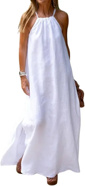 CHARTOU Women Halter Neck Side Slit Linen Maxi Dress Long Summer Beach Vacation Dress