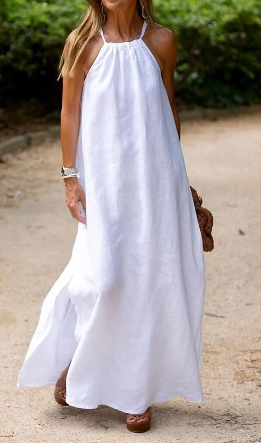 CHARTOU Women Halter Neck Side Slit Linen Maxi Dress Long Summer Beach Vacation Dress