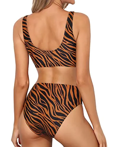 Cheeky Two Piece Bikini Scoop Neck And High Waist-Brown Zebra Pattern