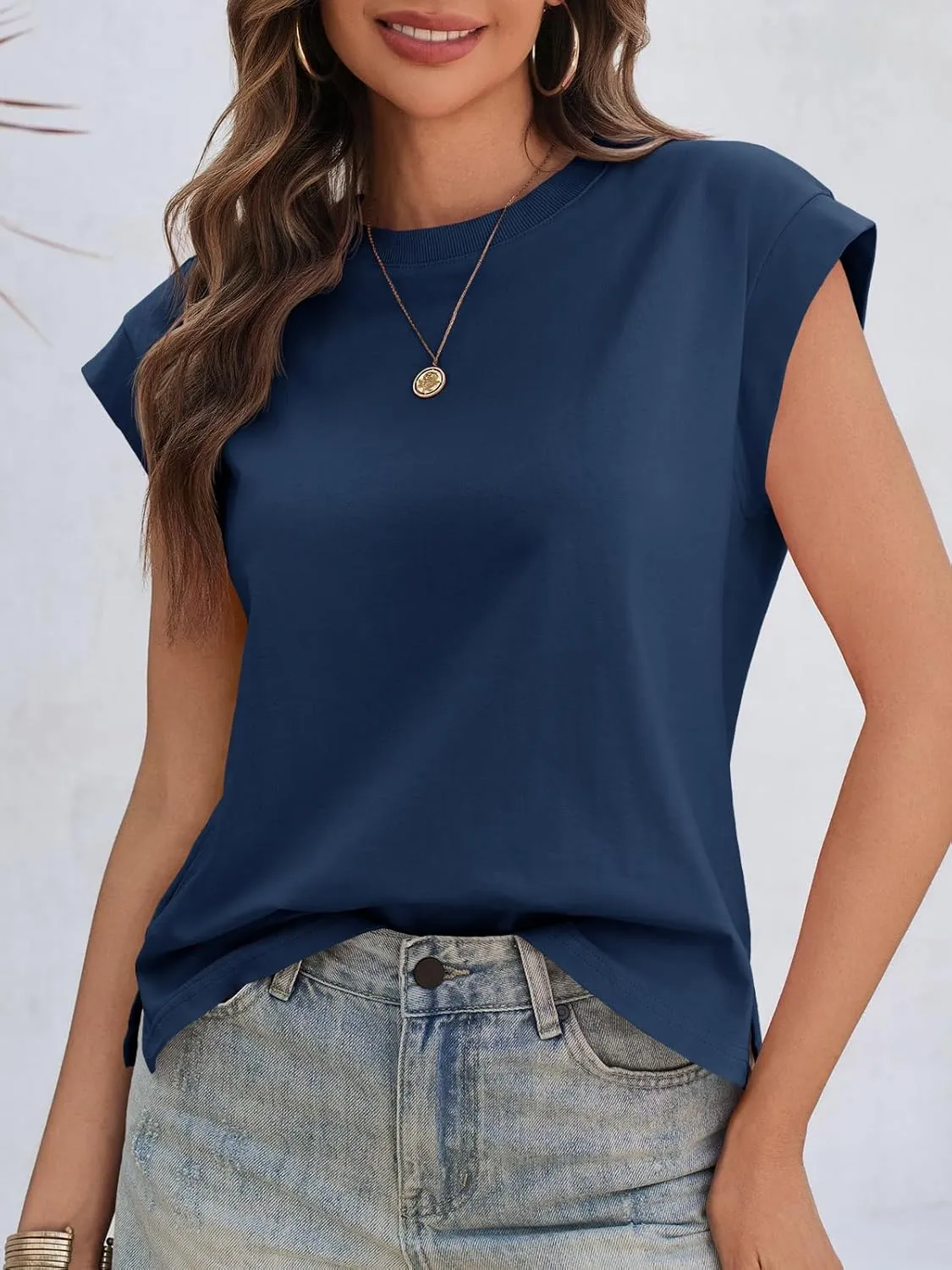 Cicy Bell Womens Cap Sleeve Cotton Tank Tops Summer Casual Loose Fit T Shirts Crew Neck Basic Tee