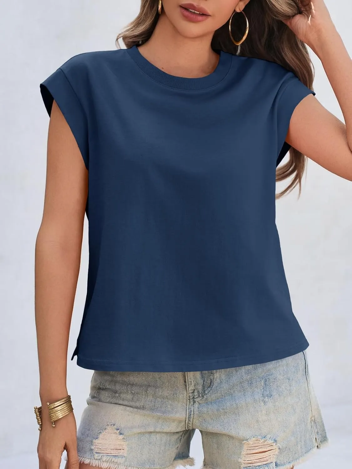 Cicy Bell Womens Cap Sleeve Cotton Tank Tops Summer Casual Loose Fit T Shirts Crew Neck Basic Tee