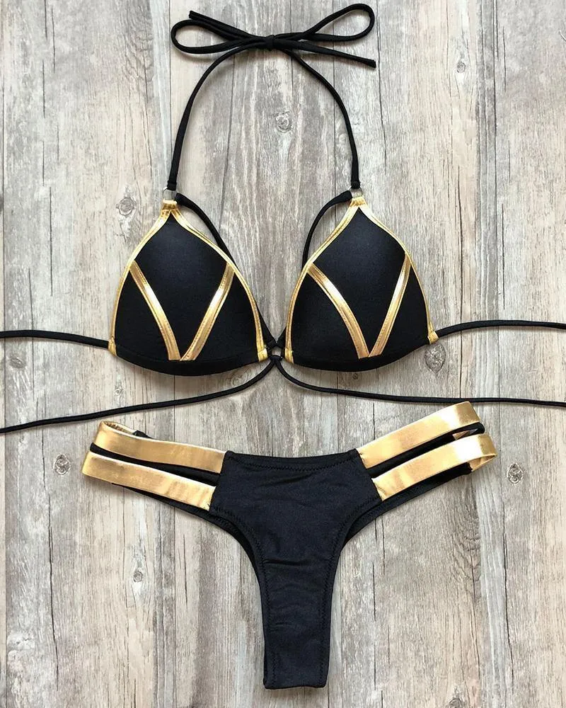 Contrast Piping Bandage Bikini Set
