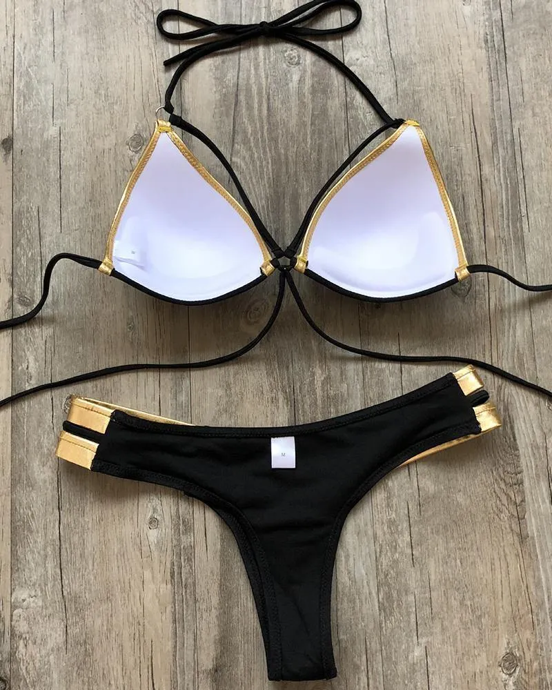 Contrast Piping Bandage Bikini Set