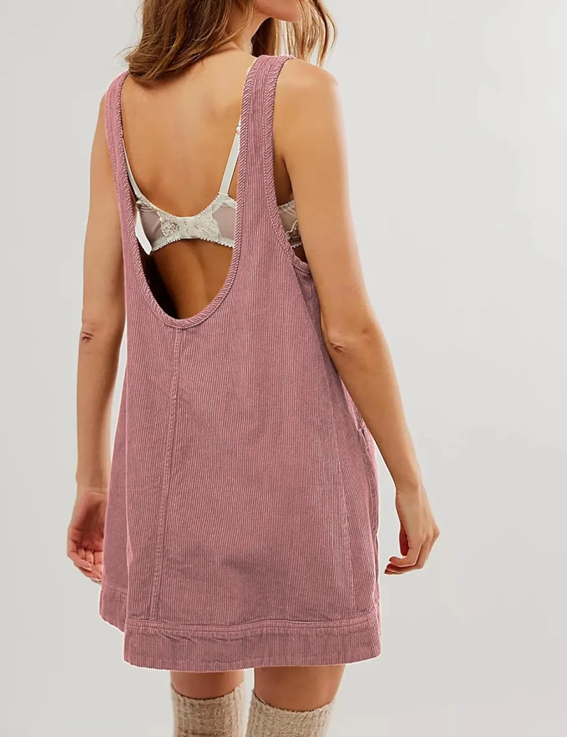 Corduroy Overall Dress for Women 2024 Round Neck Skirtall Jumper A Line Mini Romper Pinafore with Pockets