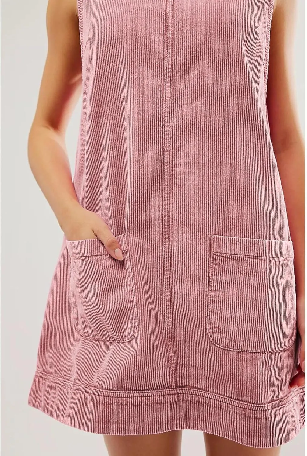 Corduroy Overall Dress for Women 2024 Round Neck Skirtall Jumper A Line Mini Romper Pinafore with Pockets