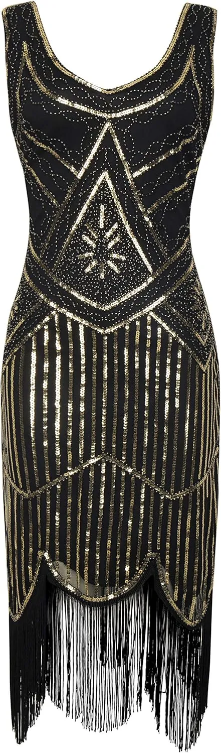 Coucoland Womens 1920s Flapper Sequin Beads Dress with Roaring 20s Gatsby Accessories Set for Party