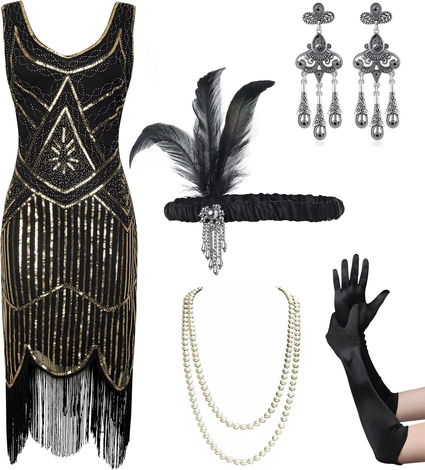 Coucoland Womens 1920s Flapper Sequin Beads Dress with Roaring 20s Gatsby Accessories Set for Party