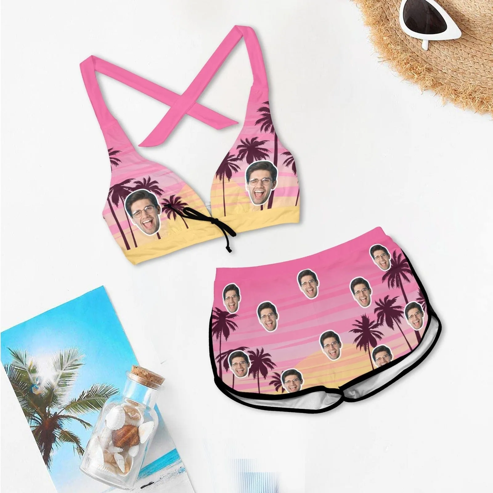 Custom Face Coconut Palm Boyshorts Bikini Set Personalized Halter V Neck Top Athletic Bathing Suit High Waisted Bikini