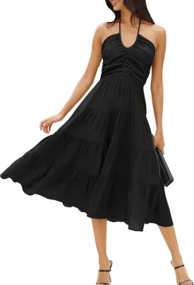DEEP SELF Women's Summer Halter Smocked Midi Dress Sleevelesss V Neck Ruffle Tiered Swing Flowy A Line Beach Sundress