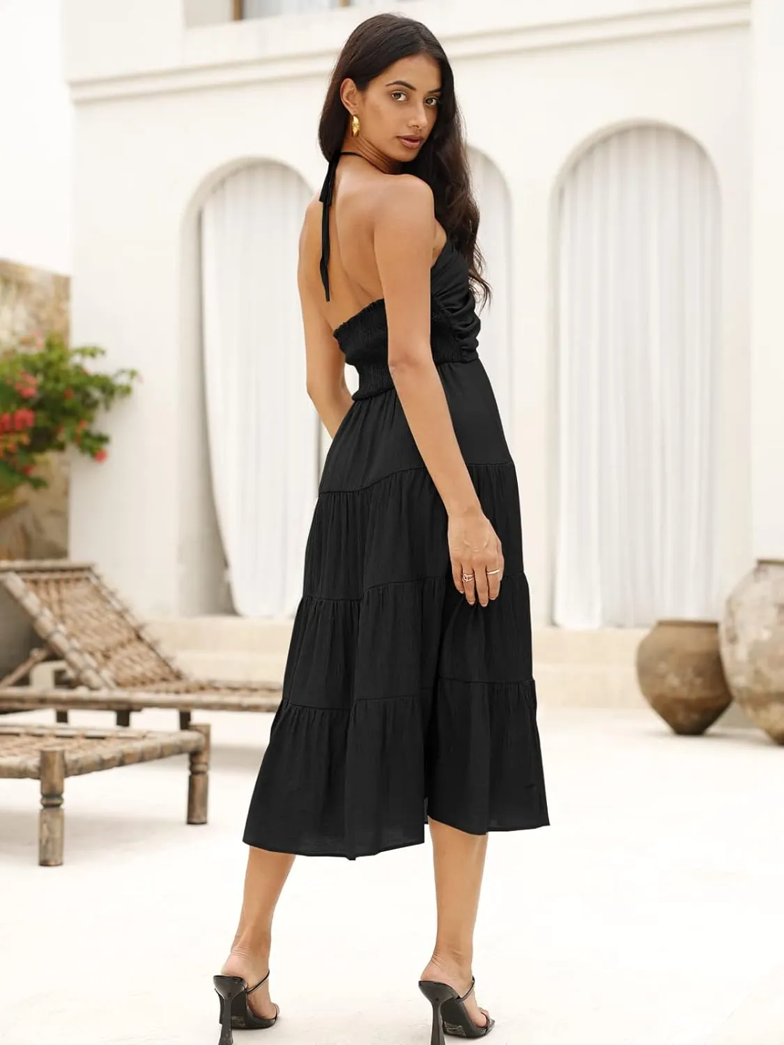 DEEP SELF Women's Summer Halter Smocked Midi Dress Sleevelesss V Neck Ruffle Tiered Swing Flowy A Line Beach Sundress
