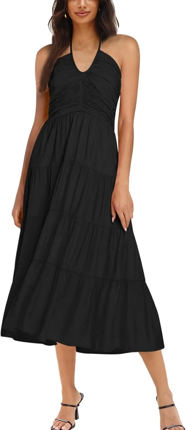 DEEP SELF Women's Summer Halter Smocked Midi Dress Sleevelesss V Neck Ruffle Tiered Swing Flowy A Line Beach Sundress