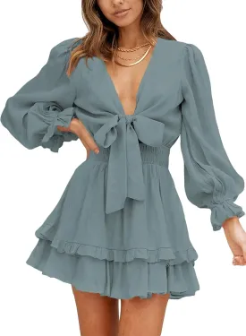 Dokotoo Womens Casual Spring Summer 2025 Deep V Neck Knotted Tiered Chiffon Elegant Mini Short Swing Skater Dresses