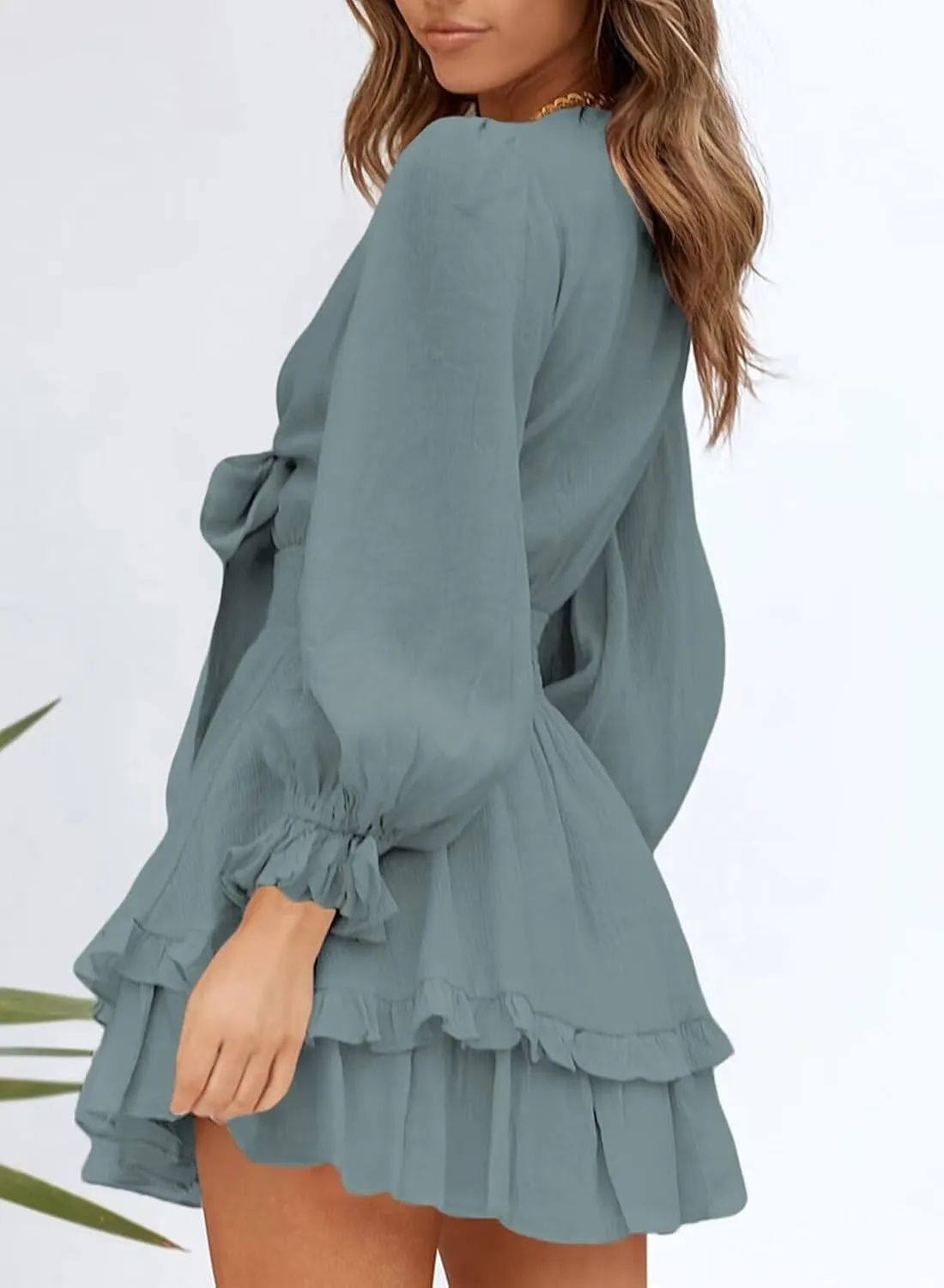 Dokotoo Womens Casual Spring Summer 2025 Deep V Neck Knotted Tiered Chiffon Elegant Mini Short Swing Skater Dresses