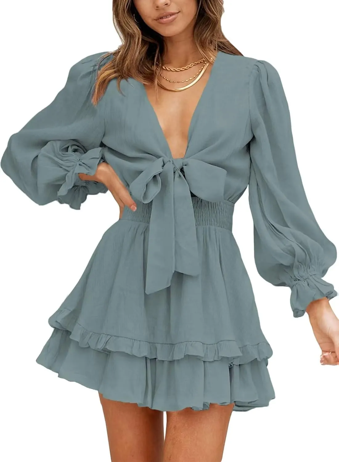 Dokotoo Womens Casual Spring Summer 2025 Deep V Neck Knotted Tiered Chiffon Elegant Mini Short Swing Skater Dresses