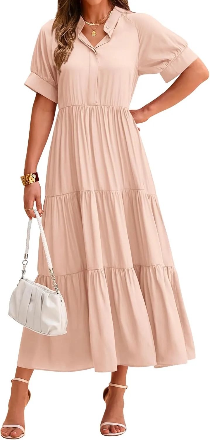 dowerme Women's Summer Dresses 2025 Casual Short Sleeve Button Loose Fit Pleated Boho Flowy Swing Long Beach Sun Dress