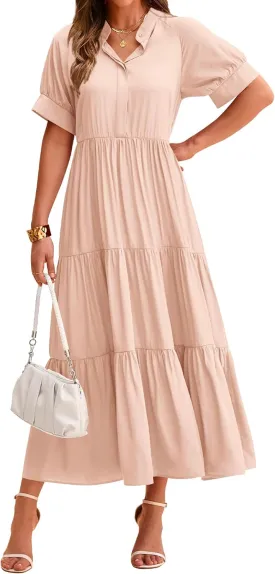 dowerme Women's Summer Dresses 2025 Casual Short Sleeve Button Loose Fit Pleated Boho Flowy Swing Long Beach Sun Dress